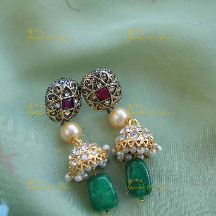 Gorgeous three layer Victorian AD haram with pearls and beads - green