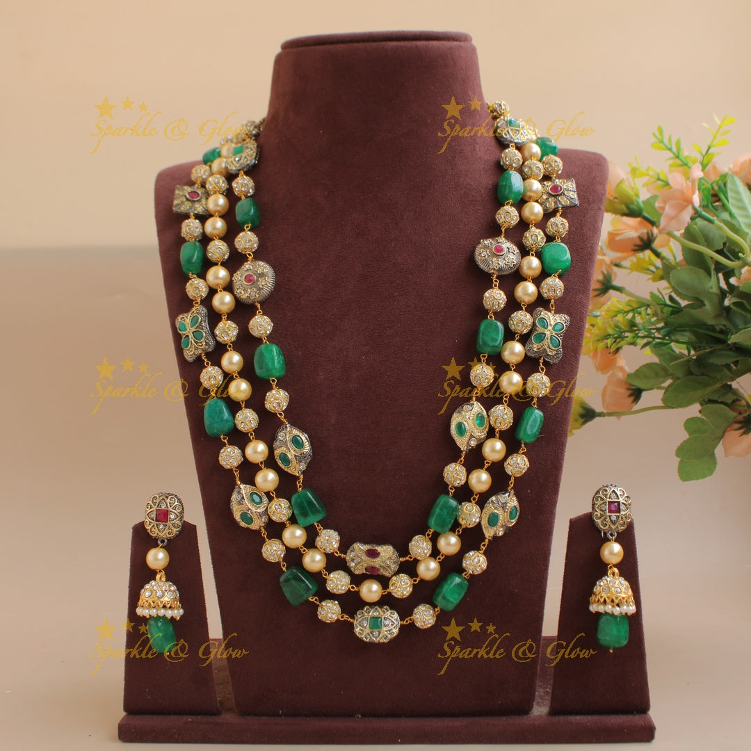 Gorgeous three layer Victorian AD haram with pearls and beads - green