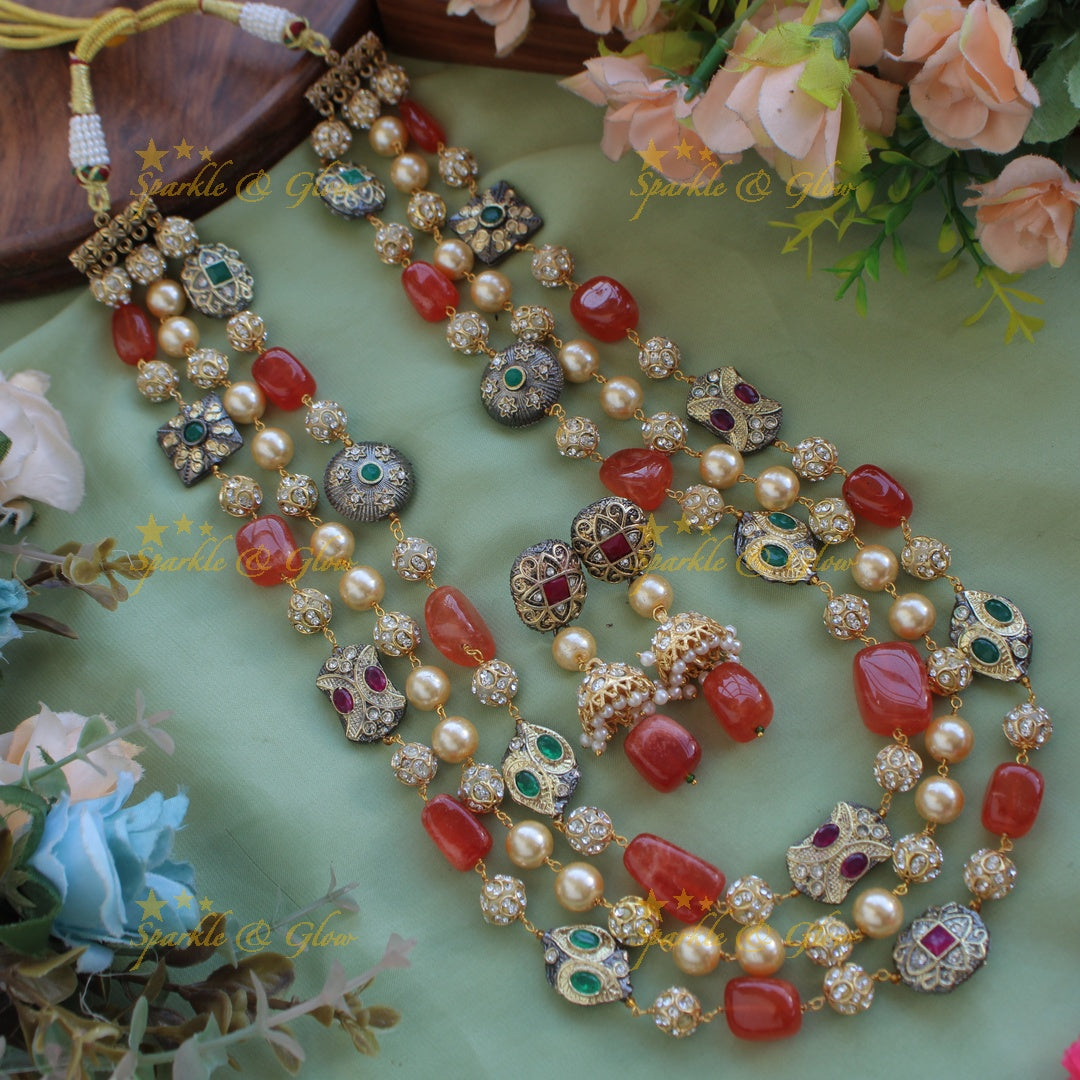 Gorgeous three layer Victorian AD haram with pearls and beads - orange