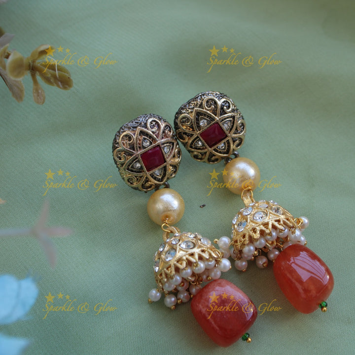 Gorgeous three layer Victorian AD haram with pearls and beads - orange