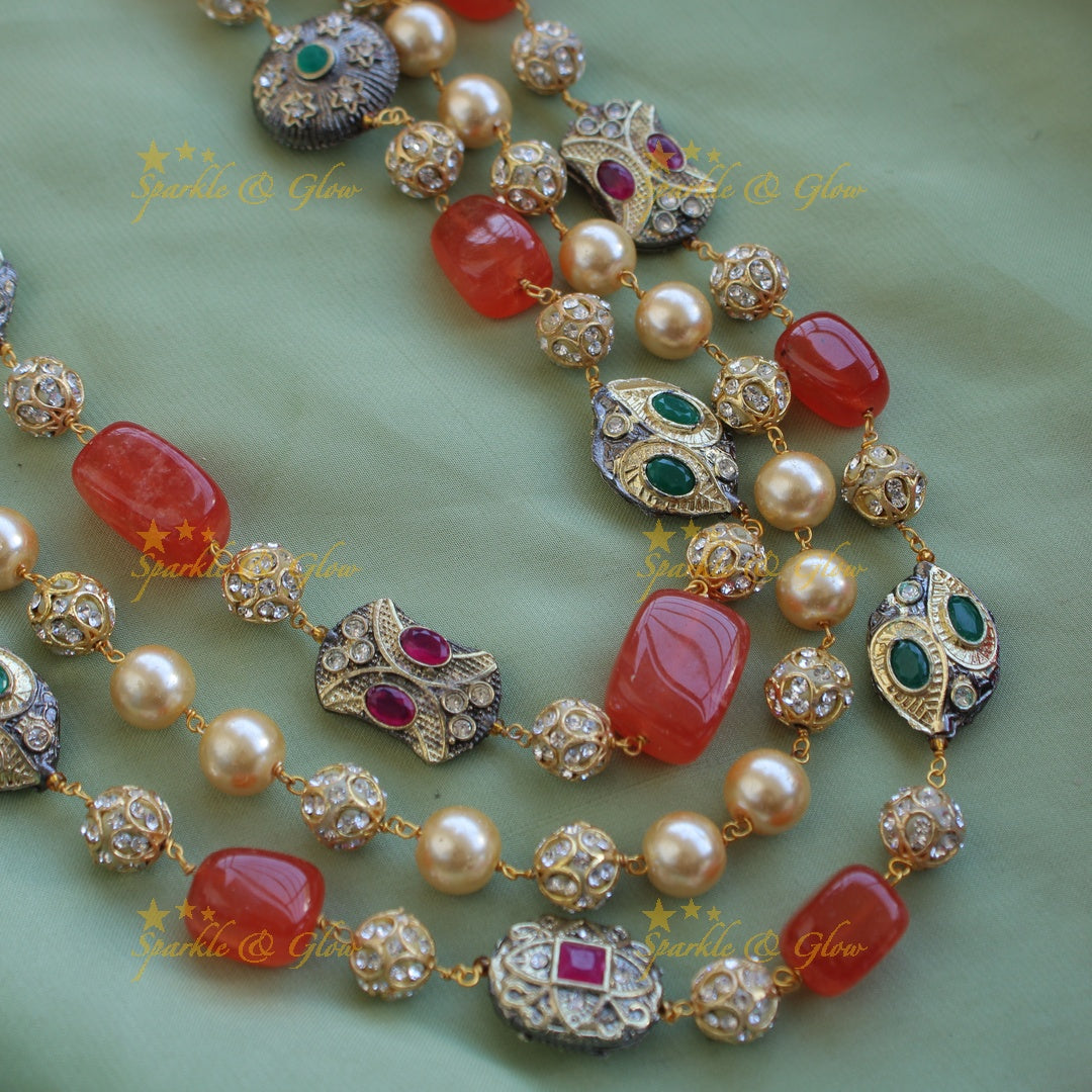 Gorgeous three layer Victorian AD haram with pearls and beads - orange