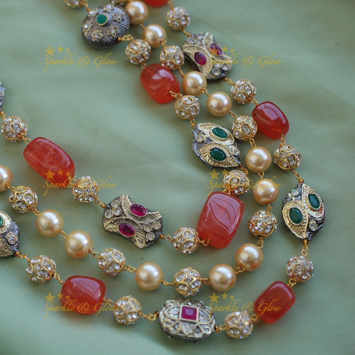 Gorgeous three layer Victorian AD haram with pearls and beads - orange