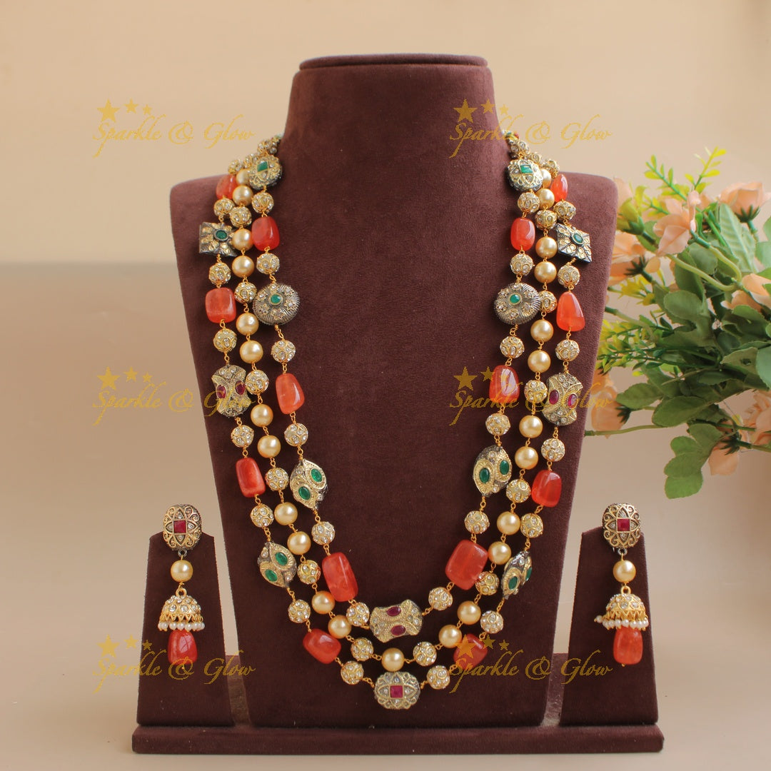Gorgeous three layer Victorian AD haram with pearls and beads - orange