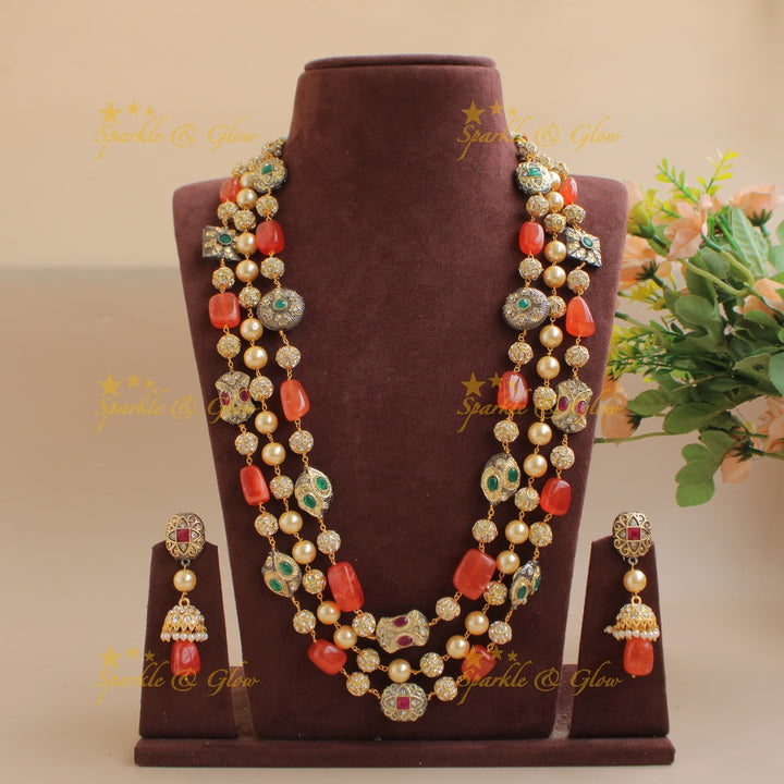 Gorgeous three layer Victorian AD haram with pearls and beads - orange