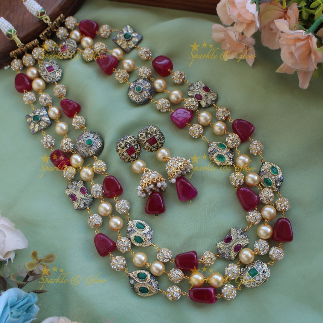 Gorgeous three layer Victorian AD haram with pearls and beads - yellow