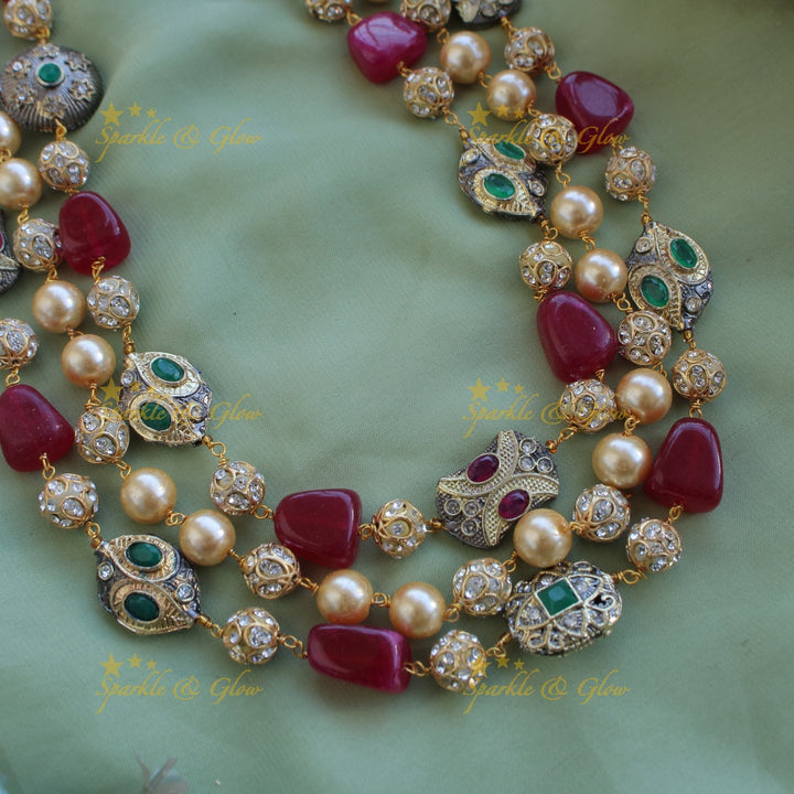Gorgeous three layer Victorian AD haram with pearls and beads - maroon