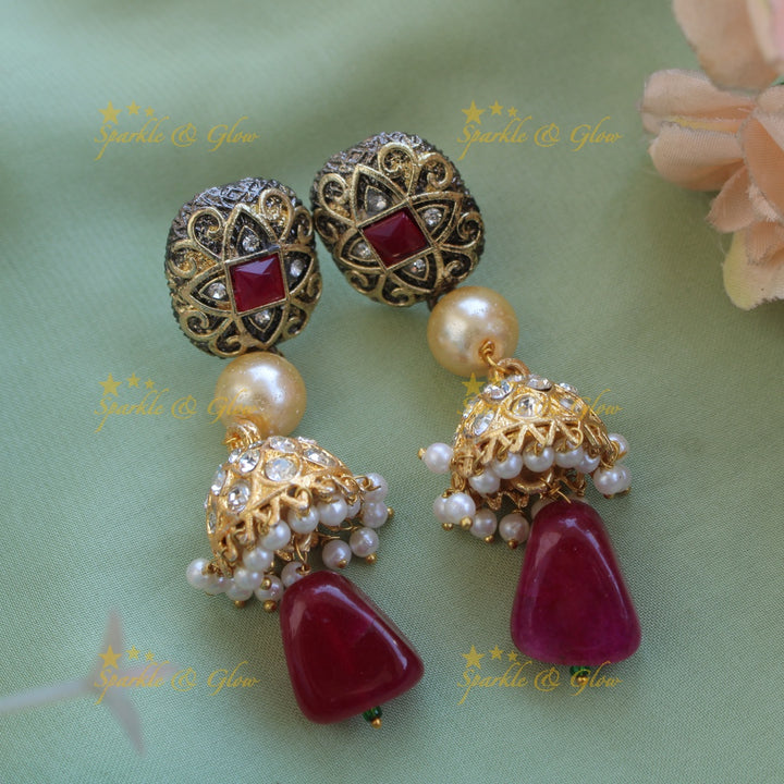Gorgeous three layer Victorian AD haram with pearls and beads - maroon