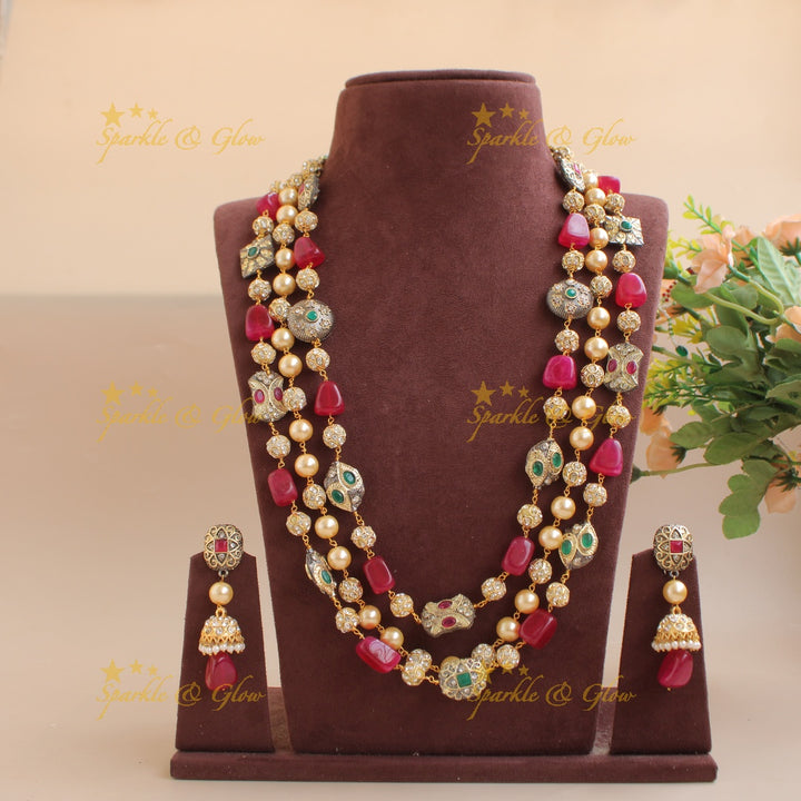 Gorgeous three layer Victorian AD haram with pearls and beads - maroon