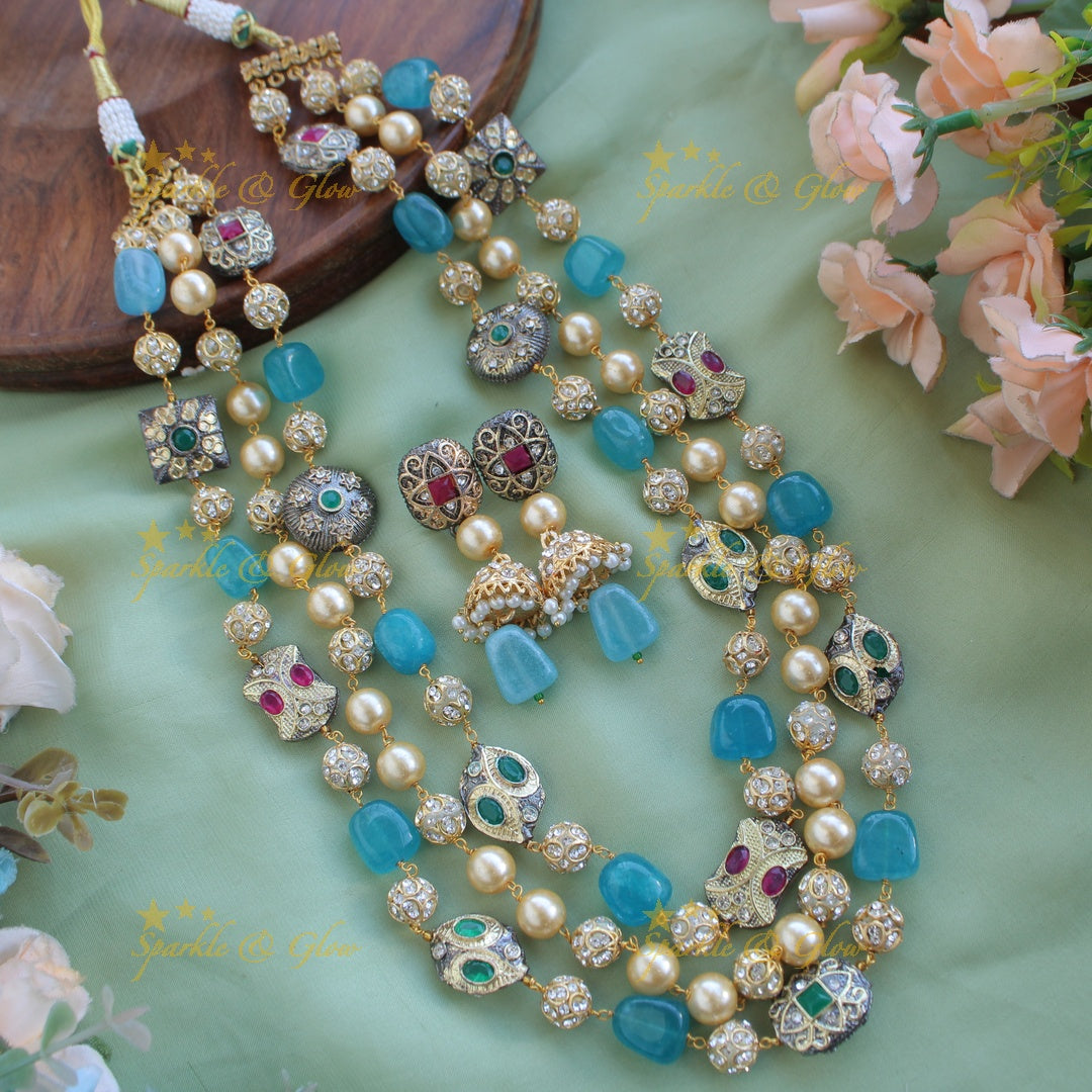 Gorgeous three layer Victorian AD haram with pearls and beads - yellow