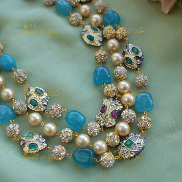 Gorgeous three layer Victorian AD haram with pearls and beads - Blue