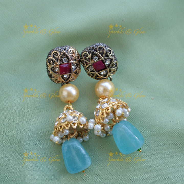 Gorgeous three layer Victorian AD haram with pearls and beads - Blue