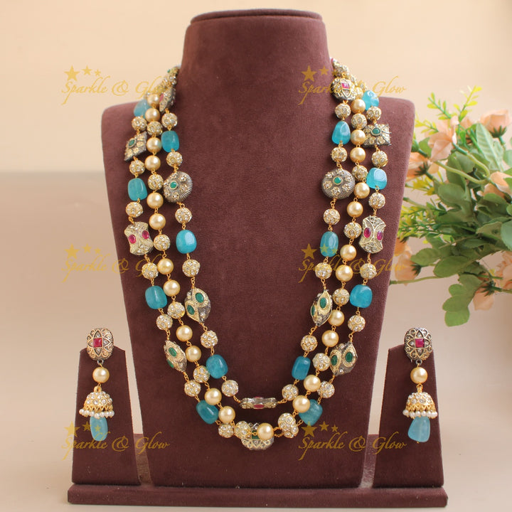 Gorgeous three layer Victorian AD haram with pearls and beads - Blue
