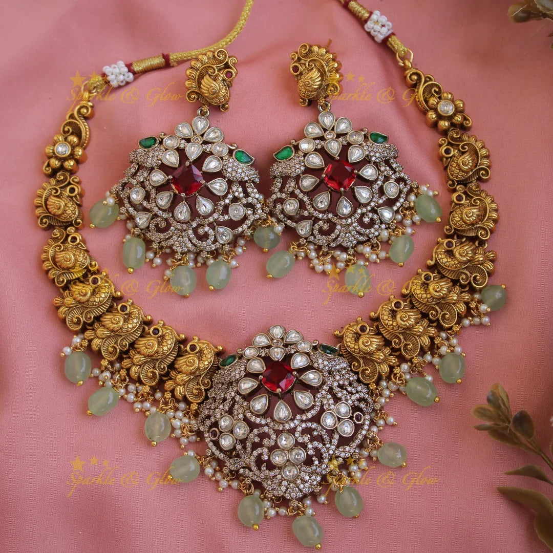 Elegant Peacock floral design dual tone victorian AD short necklace with emerald and mint green beads - Sparkle and Glow