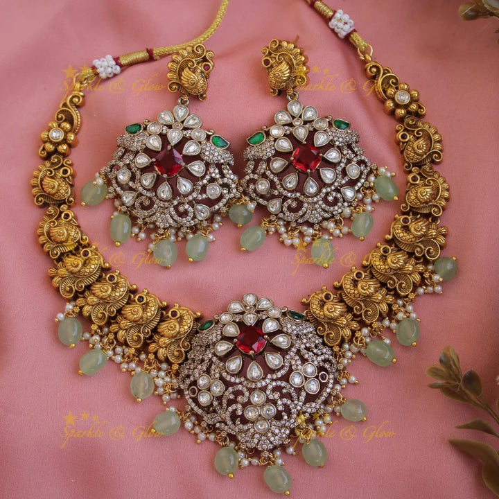 Elegant Peacock floral design dual tone victorian AD short necklace with emerald and mint green beads - Sparkle and Glow