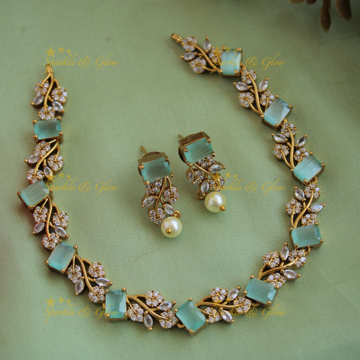 Elegant floral and leaf design AD short necklace with navartna stones