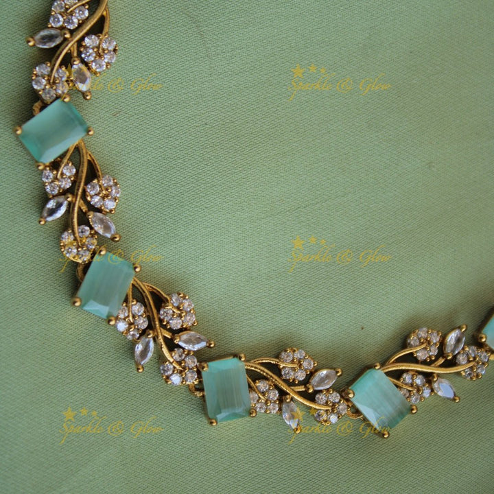 Elegant floral and leaf design AD short necklace with mint green stones - Sparkle and Glow - Back Thread - 