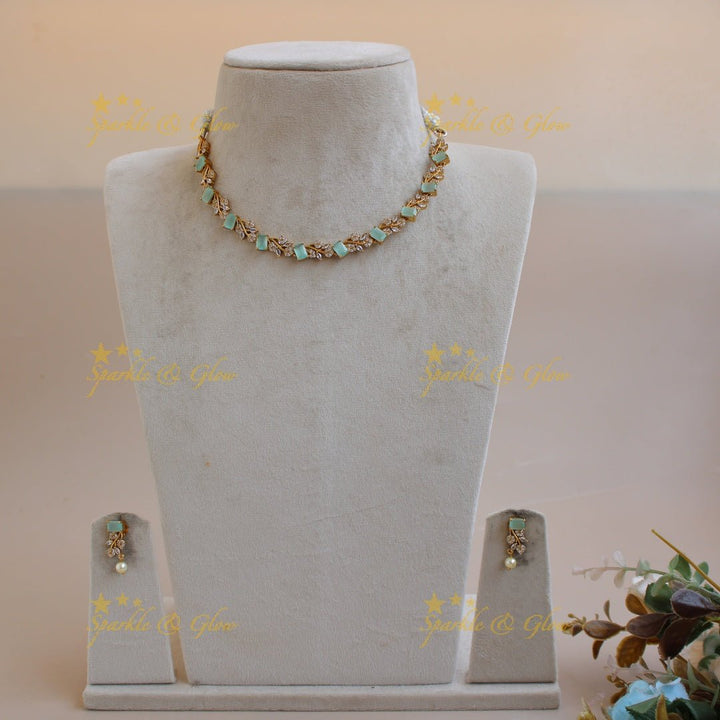 Elegant floral and leaf design AD short necklace with mint green stones - Sparkle and Glow - Back Thread - 