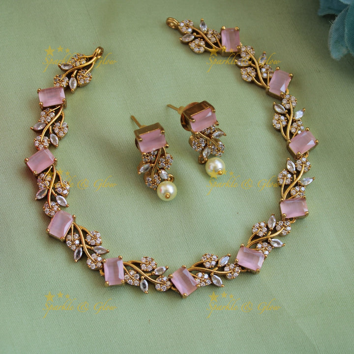 Elegant floral and leaf design AD short necklace with navartna stones