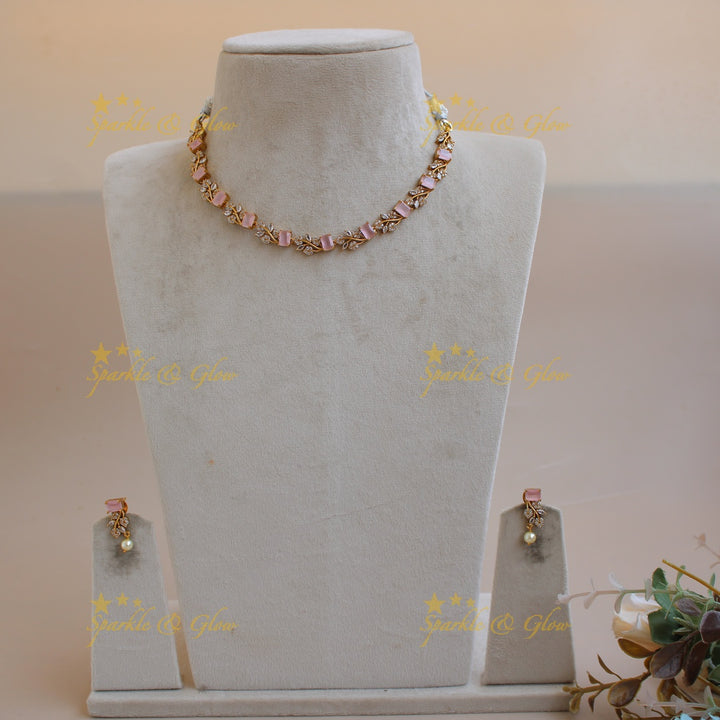 Elegant floral and leaf design AD short necklace with baby pink stones