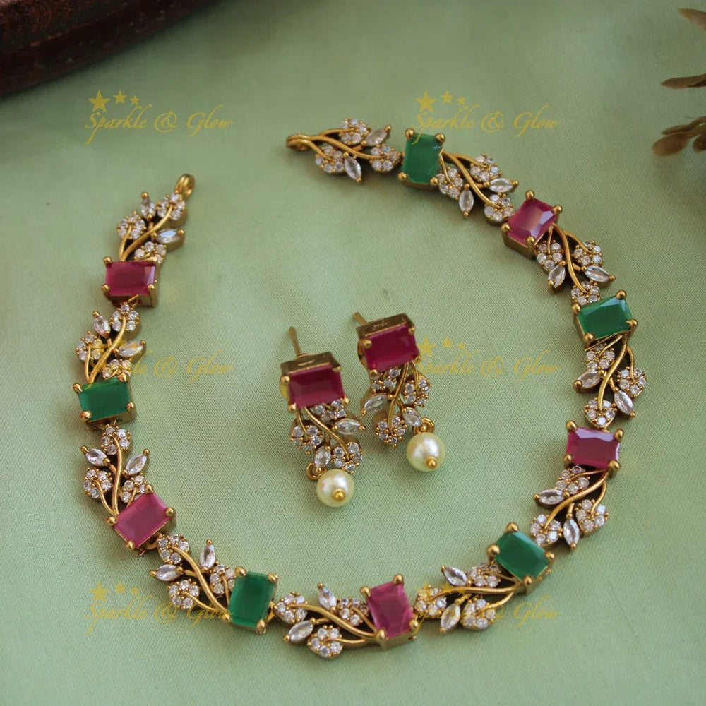 Elegant floral and leaf design AD short necklace with baby pink stones - Sparkle and Glow