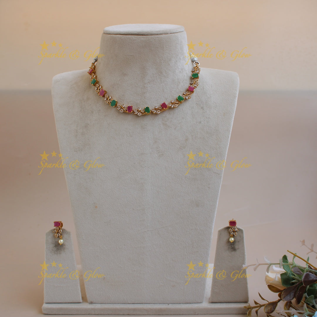 Elegant floral and leaf design AD short necklace with ruby and emerald stones