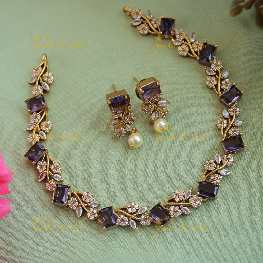 Elegant floral and leaf design AD short necklace with navartna stones