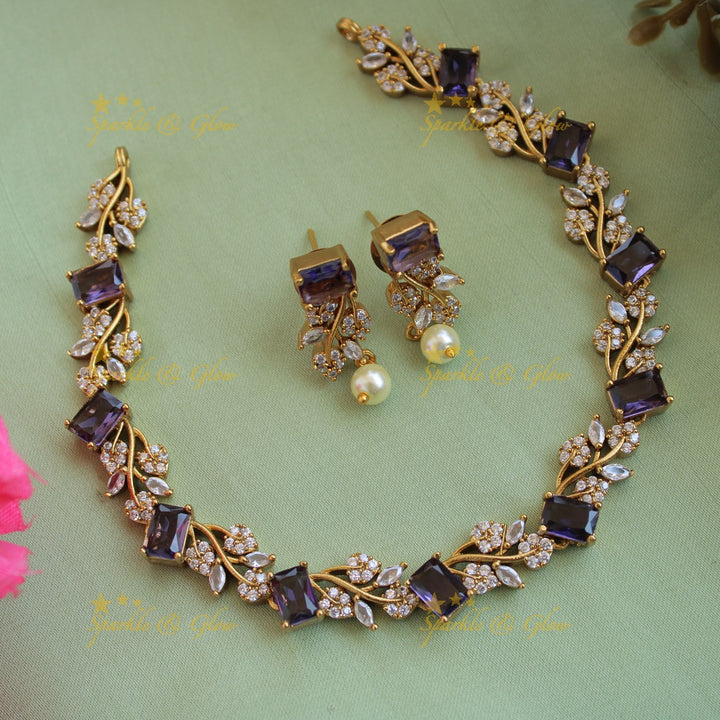Elegant floral and leaf design AD short necklace with navartna stones
