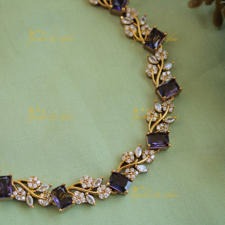Elegant floral and leaf design AD short necklace with blue stones