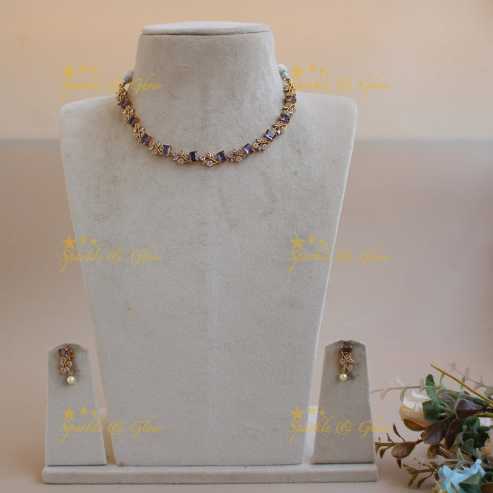 Elegant floral and leaf design AD short necklace with blue stones