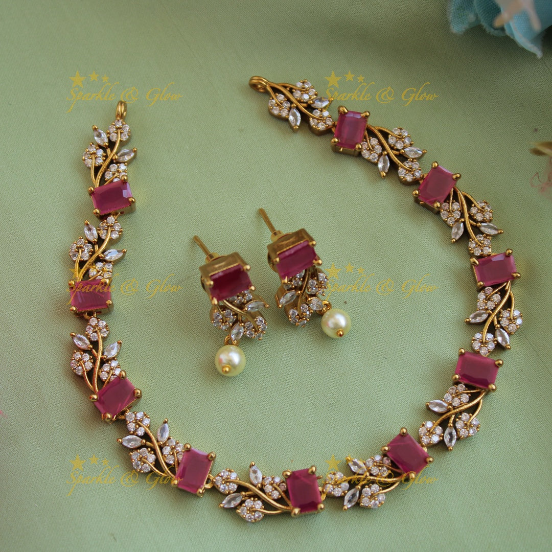 Elegant floral and leaf design AD short necklace with navartna stones