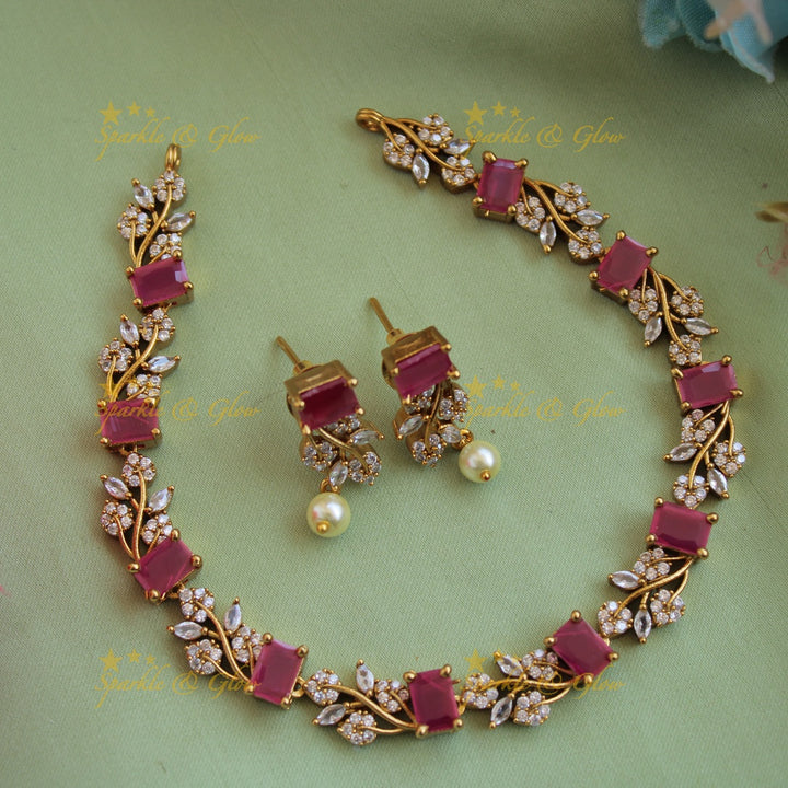 Elegant floral and leaf design AD short necklace with navartna stones