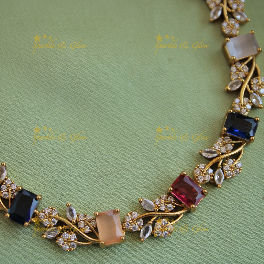 Elegant floral and leaf design AD short necklace with navartna stones
