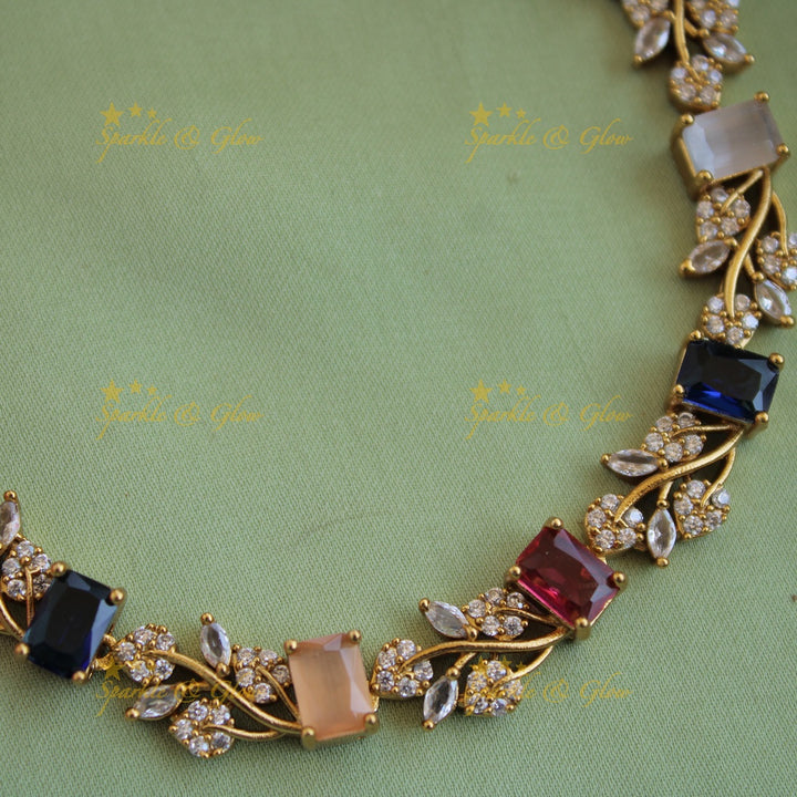 Elegant floral and leaf design AD short necklace with navartna stones