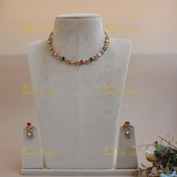 Elegant floral and leaf design AD short necklace with navartna stones