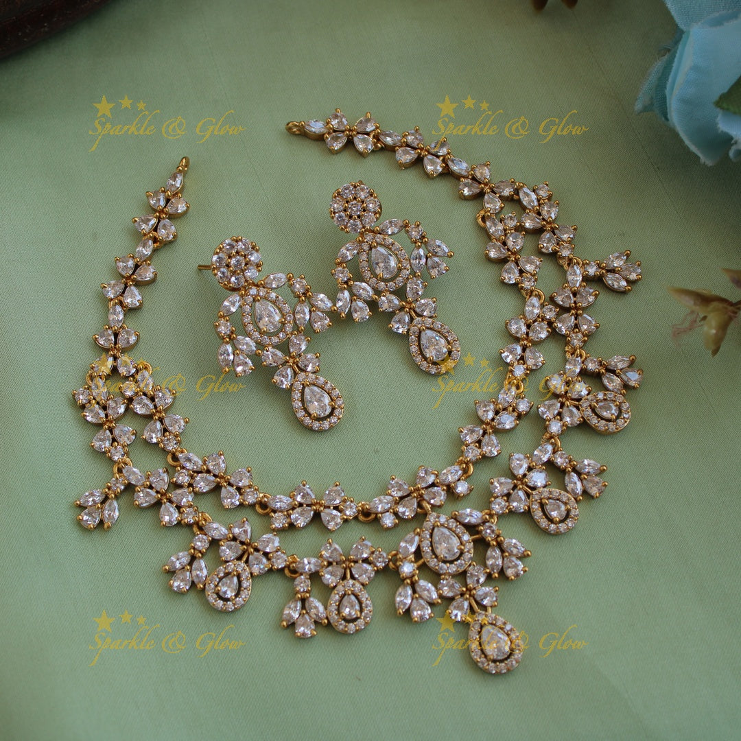 Exclusive floral design two layer AD short necklace with blue stones - blue