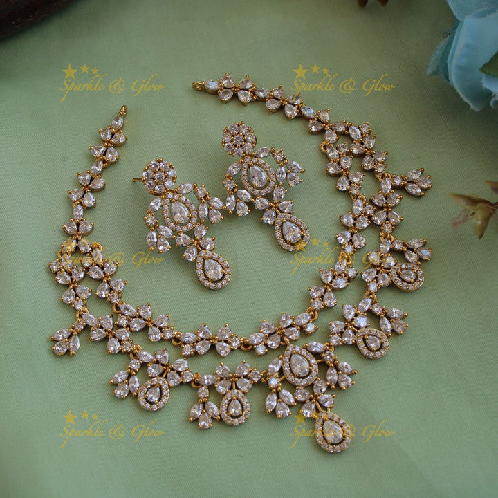 Exclusive floral design two layer AD short necklace with blue stones - blue