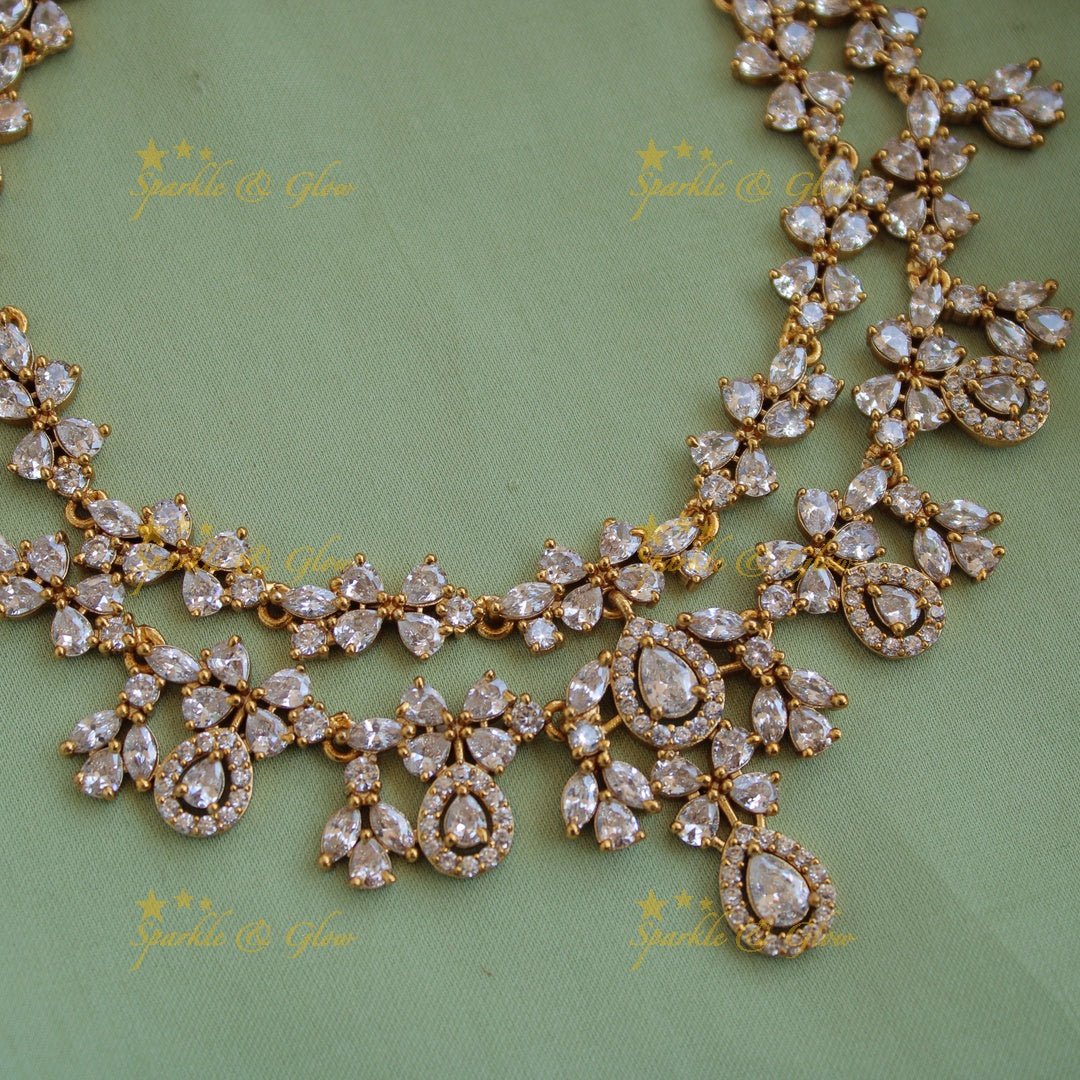 Exclusive floral design two layer AD short necklace with stones - Sparkle and Glow - Back Thread - 