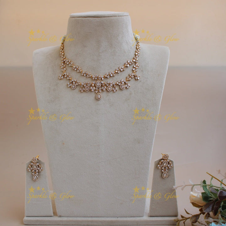 Exclusive floral design two layer AD short necklace with stones - Sparkle and Glow - Back Thread - 