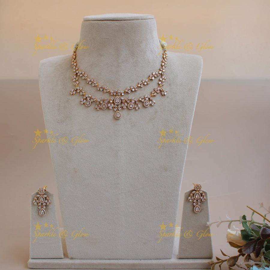 Exclusive floral design two layer AD short necklace with stones - Sparkle and Glow - Back Thread - 