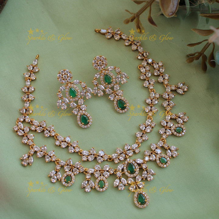 Exclusive floral design two layer AD short necklace with blue stones - blue