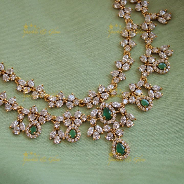 Exclusive floral design two layer AD short necklace with emerald stones - green