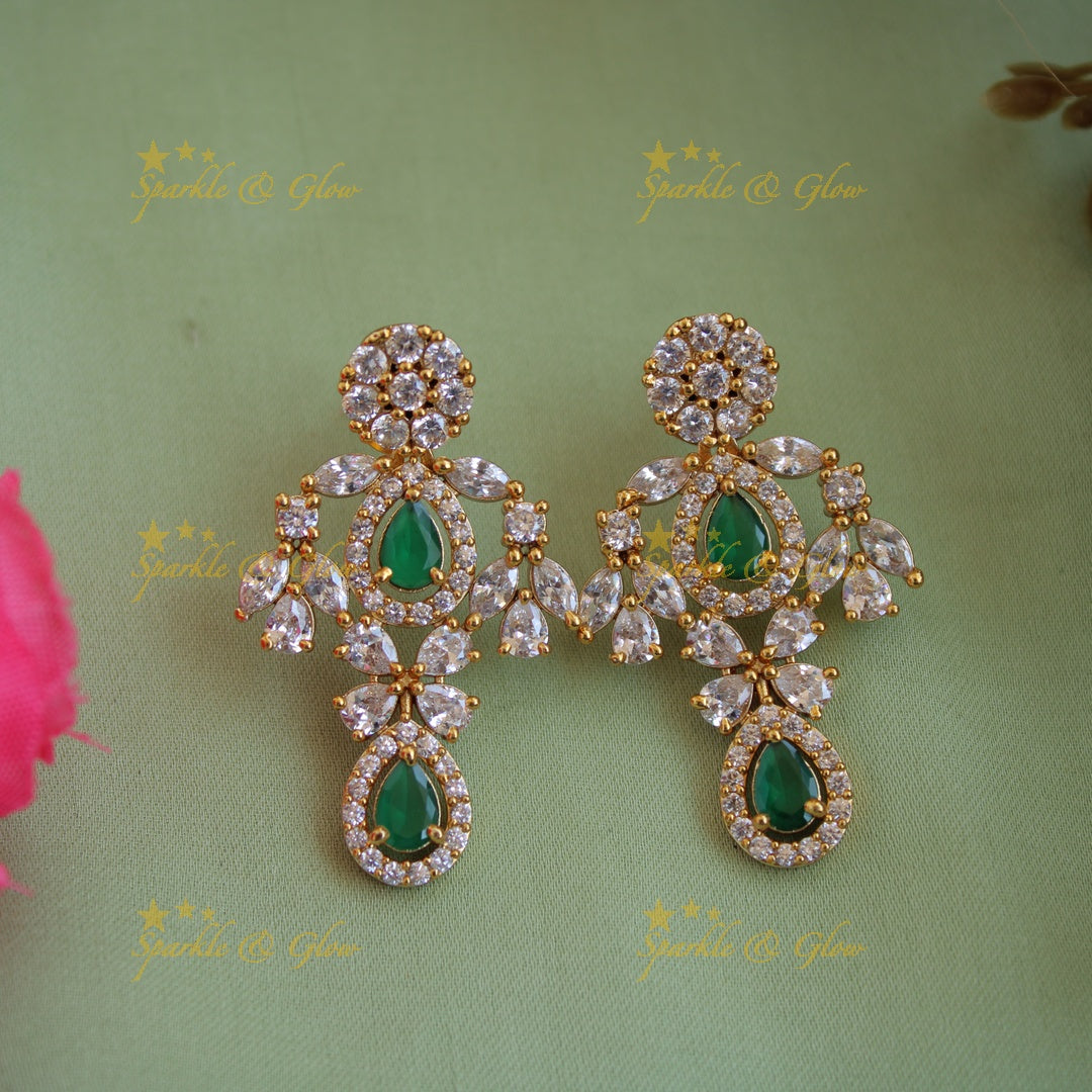 Exclusive floral design two layer AD short necklace with emerald stones - green
