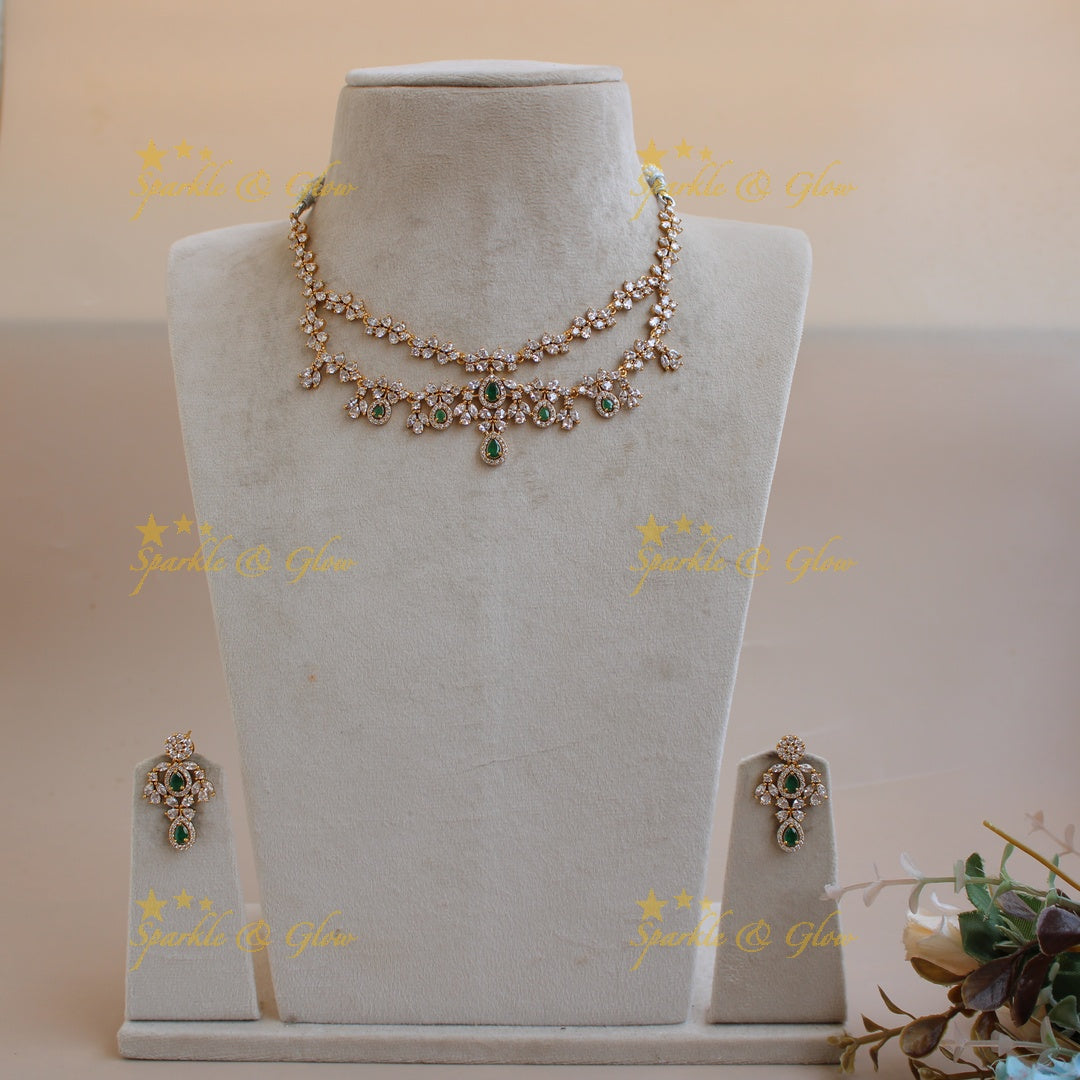 Exclusive floral design two layer AD short necklace with emerald stones - green