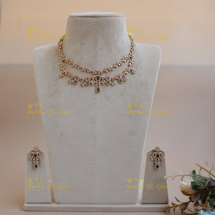 Exclusive floral design two layer AD short necklace with emerald stones - green