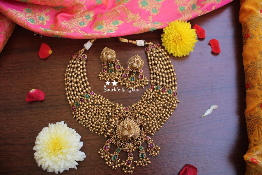 Gold alike polished peacock pendent gold cluster necklace - Sparkle and Glow