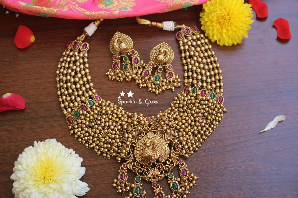 Gold alike polished peacock pendent gold cluster necklace - Sparkle and Glow