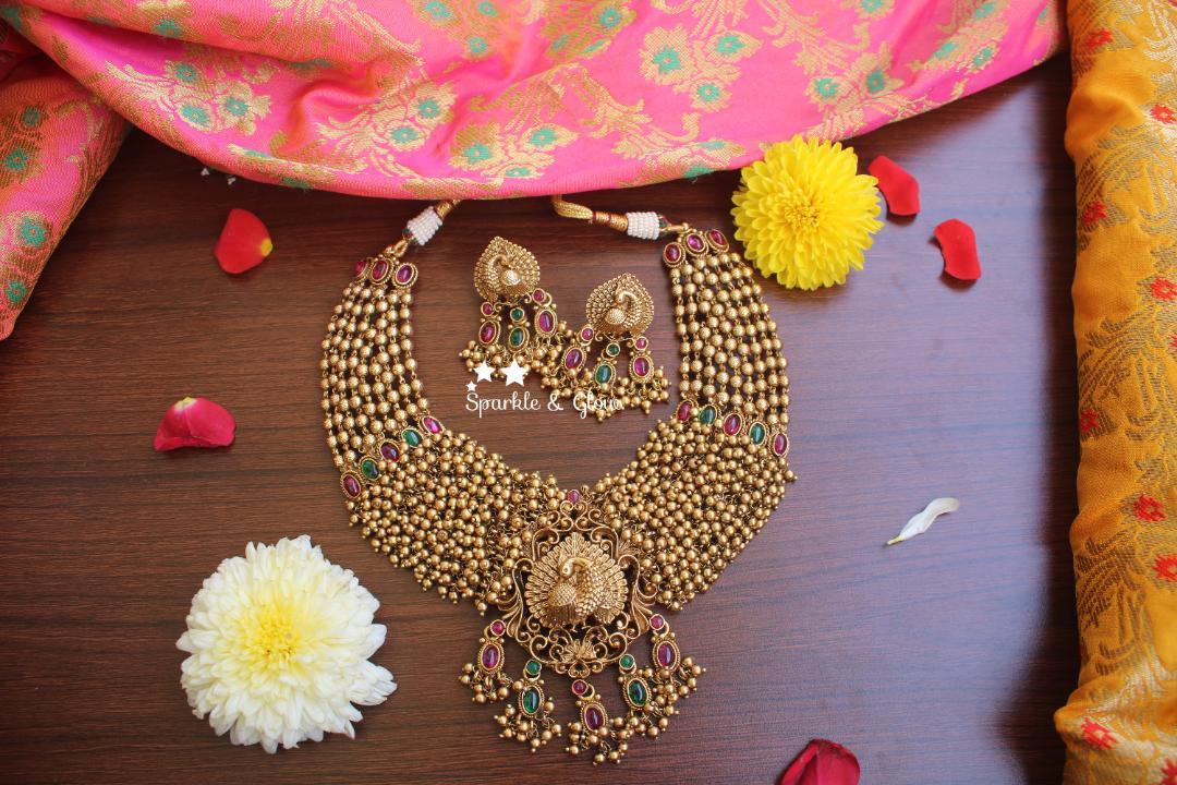 Gold alike polished peacock pendent gold cluster necklace - Sparkle and Glow