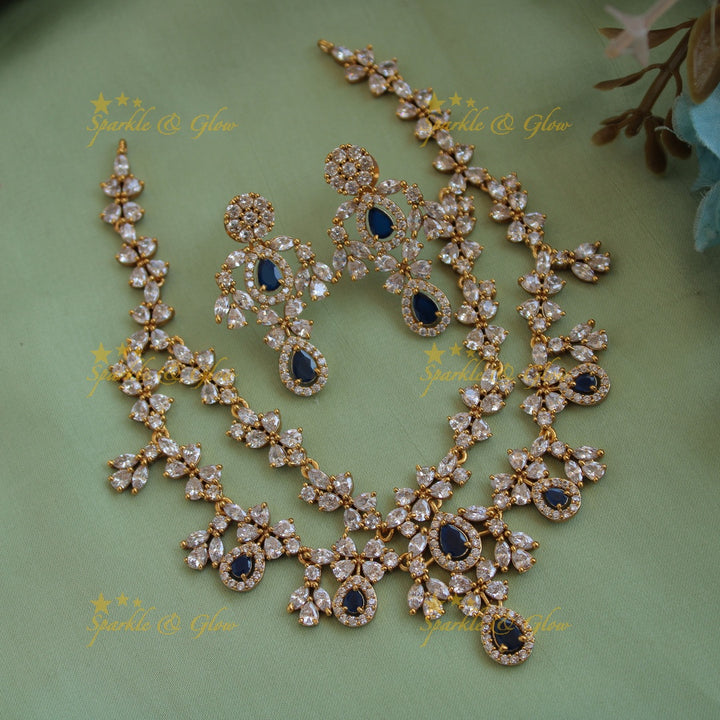 Exclusive floral design two layer AD short necklace with blue stones - blue