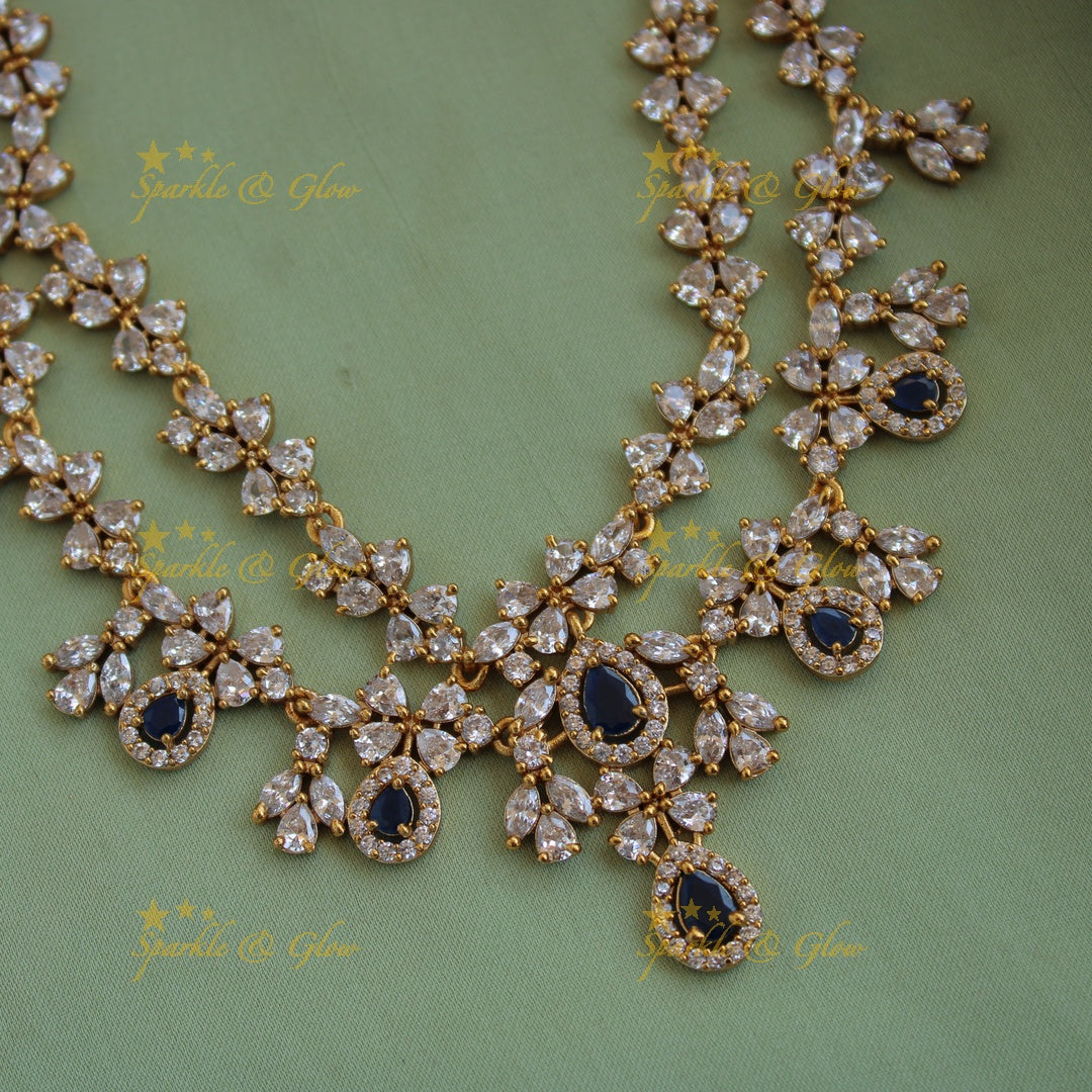 Exclusive floral design two layer AD short necklace with blue stones - blue