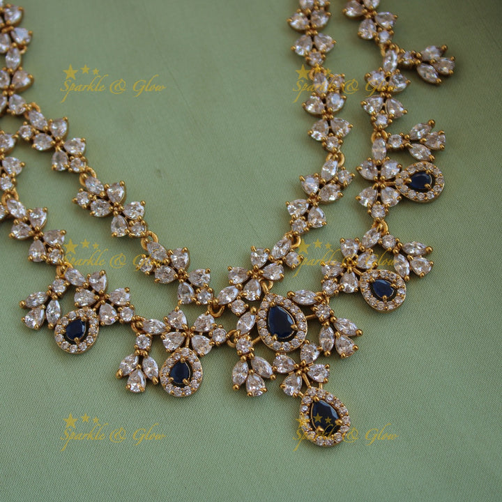 Exclusive floral design two layer AD short necklace with blue stones - blue